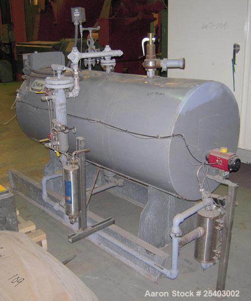 Used Cemline Horizontal Unfired Steam Generator, Model H120USG1048. Size 24 x 63. 120 gallon capacity. Rated 150 psi water and steam. Coil model 1048ASP. Base mounted.