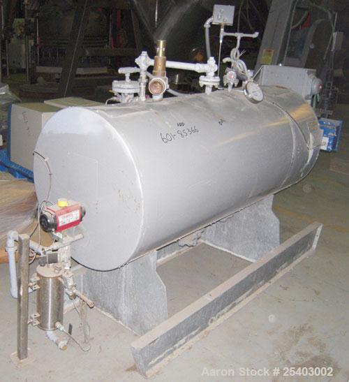 Used Cemline Horizontal Unfired Steam Generator, Model H120USG1048. Size 24 x 63. 120 gallon capacity. Rated 150 psi water and steam. Coil model 1048ASP. Base mounted.