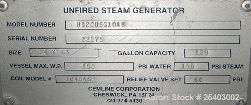 Used- Cemline Horizontal Unfired Steam Generator, Model H120USG1048. Size 24 x 63. 120 gallon capacity. Rated 150 psi water ...