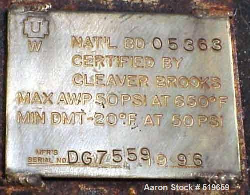 USED: Cleaver Brooks Boiler, model CB 700.250.150. Input 1,046,000btu/hr, natural gas fired, rated 250 hp, 150# steam, 8,625 lb/hr.Manufactured 1996 with deaerator, max AWP 50 psi at 650 deg F.