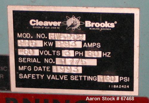 USED:Cleaver Brooks electric hot water boiler, model HW-202.768 btu/hr, 225 kw, max flow gpm 230, design pressure 160 psi,3/60/460 volt, 283 amps, 4" inlet/outlet, 1-1/4" npt drain.