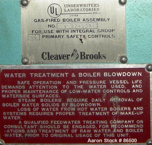 Used Cleaver Brooks Commercial Water Tube Boiler, Model M4W-5000, Series 700 MG. Natural gas firing, approximate 6000 CFH. Max input 6,000,000 BTU/HR, max output 4,800,000 BTU/HR. 4124 LBS/HR of stea...