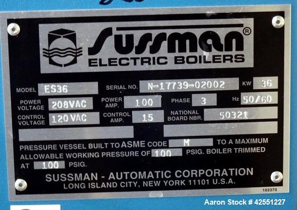 Used Sussman Electrically Heated Boiler, Model ES36. 36kW, rated 100 psi with circulation pump. 3/60/208 volt. Serial# N-17739-02002. National board# 50321