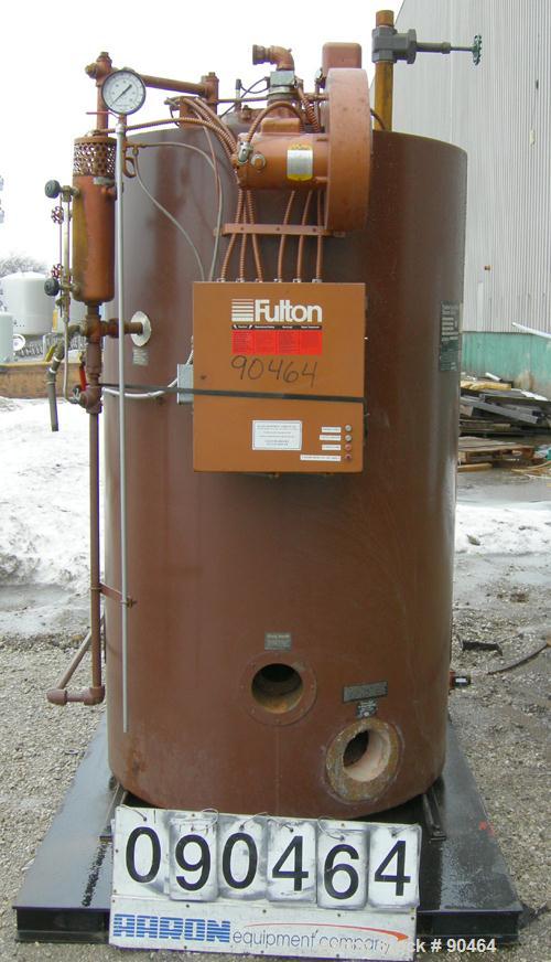 USED: Fulton Fuel Fired Steam Boiler, model FB-030-A, 30 hp, vertical design. Rated 1035 pounds of steam per hour, maximum working pressure 150 psi. Skid mounted with a control panel, condensate retu...