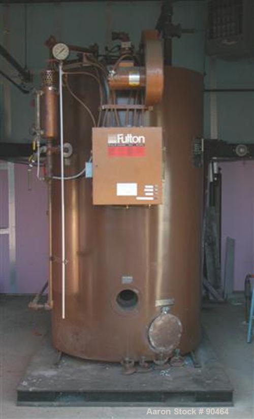 USED: Fulton Fuel Fired Steam Boiler, model FB-030-A, 30 hp, vertical design. Rated 1035 pounds of steam per hour, maximum working pressure 150 psi. Skid mounted with a control panel, condensate retu...
