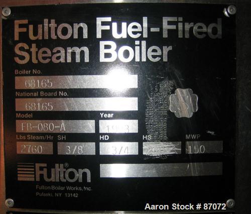 Used Fulton Fuel Fired Steam Boiler, Model FB-080-A