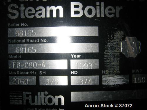 Used Fulton Fuel Fired Steam Boiler, Model FB-080-A