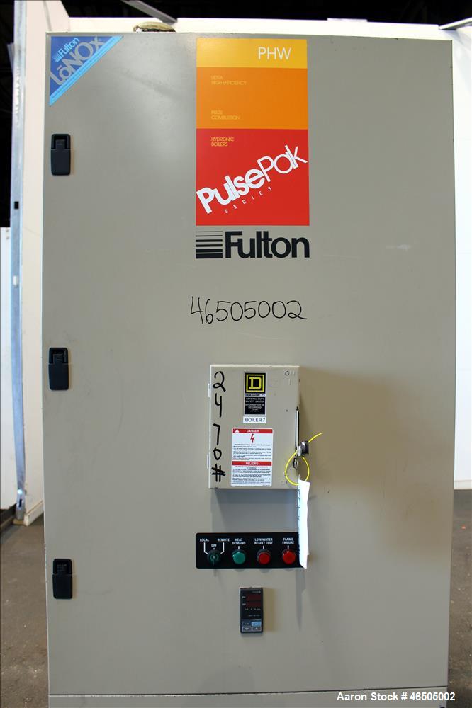 Used Fulton PulsePak Combustion Hydronic Boiler, Model PHW-1400SM. 1,400,000 BTU/HR. Approximate 36 bhp, 160 psi working pressure. Natural Gas. Water content 80 gallons. Includes temperature controll...