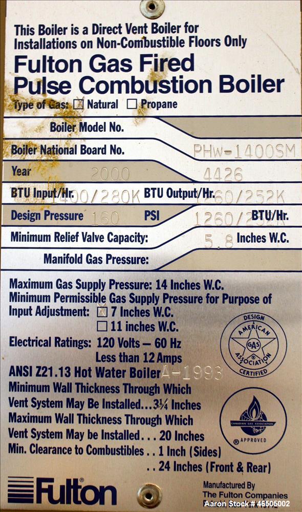 Used Fulton PulsePak Combustion Hydronic Boiler, Model PHW-1400SM. 1,400,000 BTU/HR. Approximate 36 bhp, 160 psi working pressure. Natural Gas. Water content 80 gallons. Includes temperature controll...