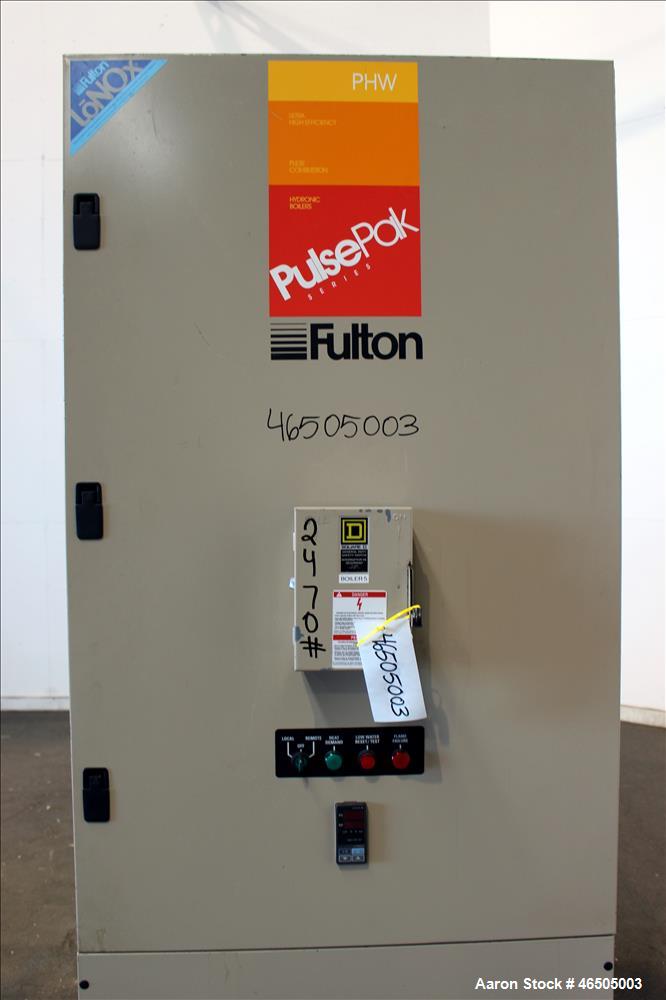 Used Fulton PulsePak Combustion Hydronic Boiler, Model PHW-1400SM. 1,400,000 BTU/HR. Approximate 36 bhp, 160 psi working pressure. Natural Gas. Water content 80 gallons. Includes temperature controll...