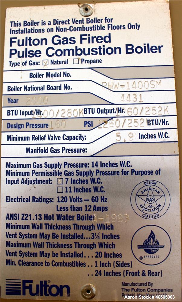 Used Fulton PulsePak Combustion Hydronic Boiler, Model PHW-1400SM. 1,400,000 BTU/HR. Approximate 36 bhp, 160 psi working pressure. Natural Gas. Water content 80 gallons. Includes temperature controll...