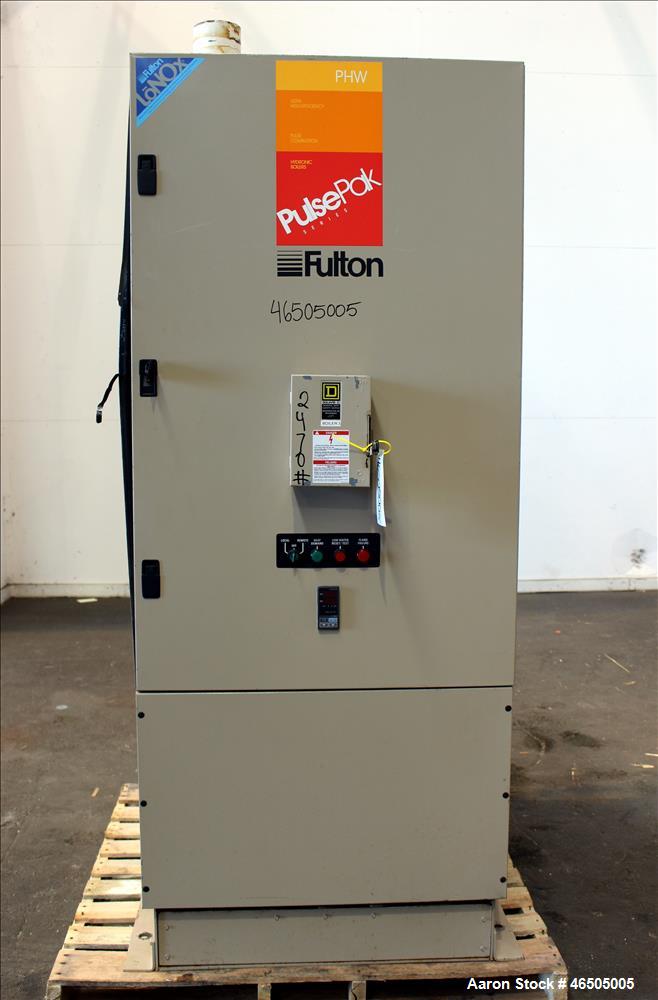 Used Fulton PulsePak Combustion Hydronic Boiler, Model PHW-1400SM. 1,400,000 BTU/HR. Approximate 36 bhp, 160 psi working pressure. Natural Gas. Water content 80 gallons. Includes temperature controll...