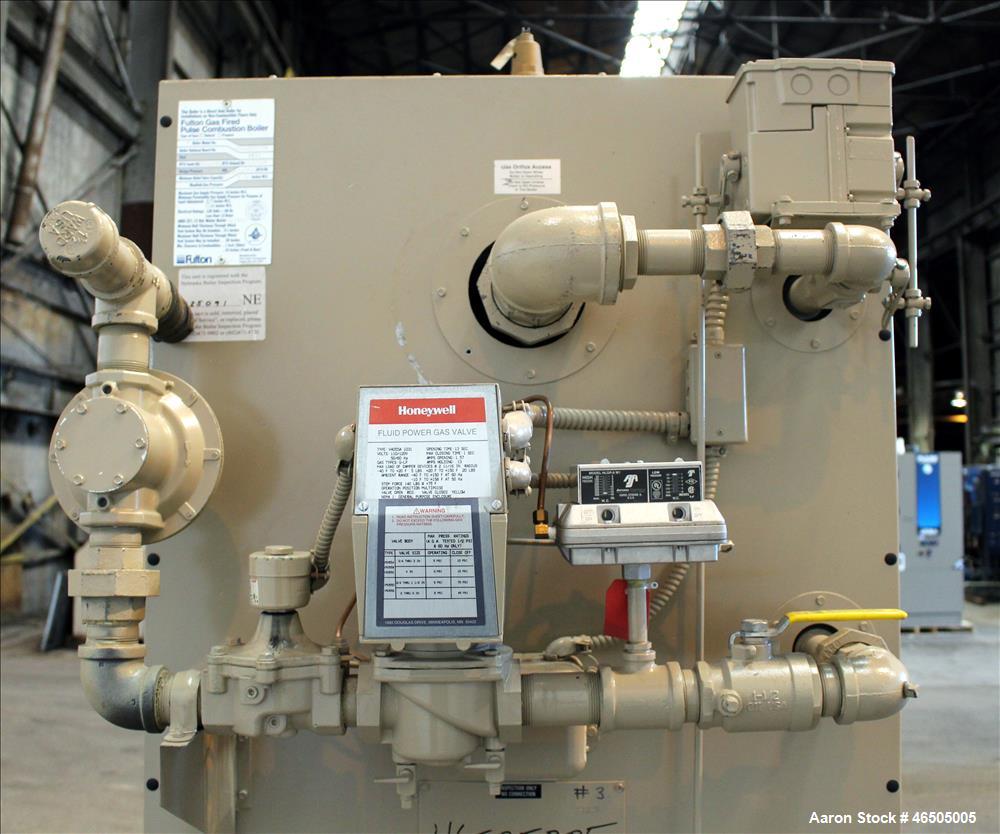 Used Fulton PulsePak Combustion Hydronic Boiler, Model PHW-1400SM. 1,400,000 BTU/HR. Approximate 36 bhp, 160 psi working pressure. Natural Gas. Water content 80 gallons. Includes temperature controll...