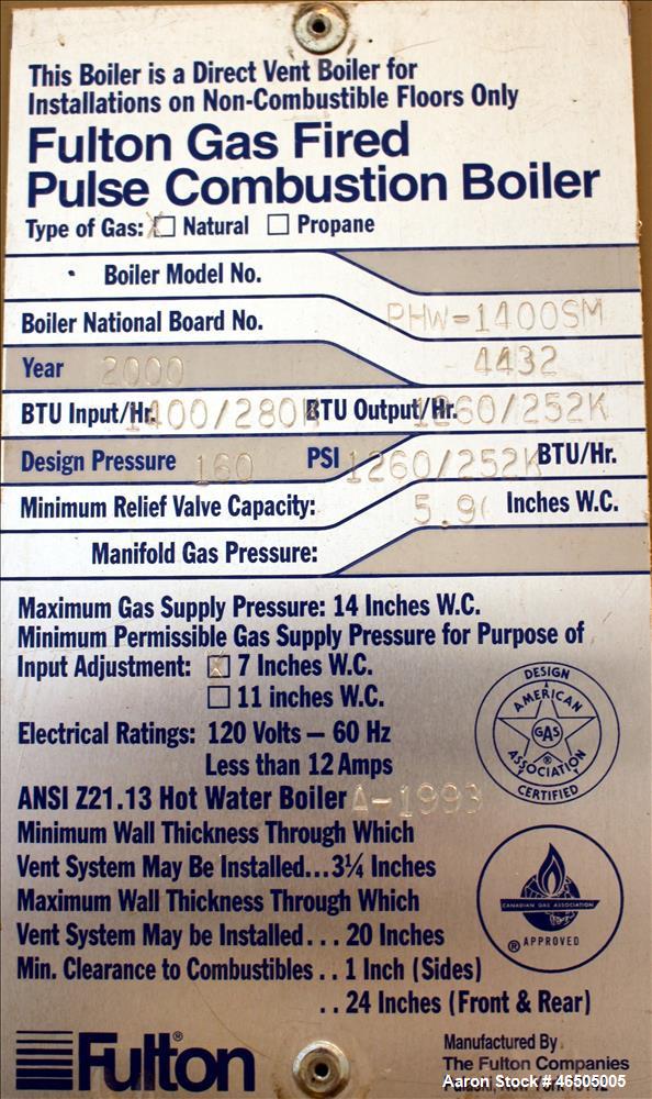 Used Fulton PulsePak Combustion Hydronic Boiler, Model PHW-1400SM. 1,400,000 BTU/HR. Approximate 36 bhp, 160 psi working pressure. Natural Gas. Water content 80 gallons. Includes temperature controll...