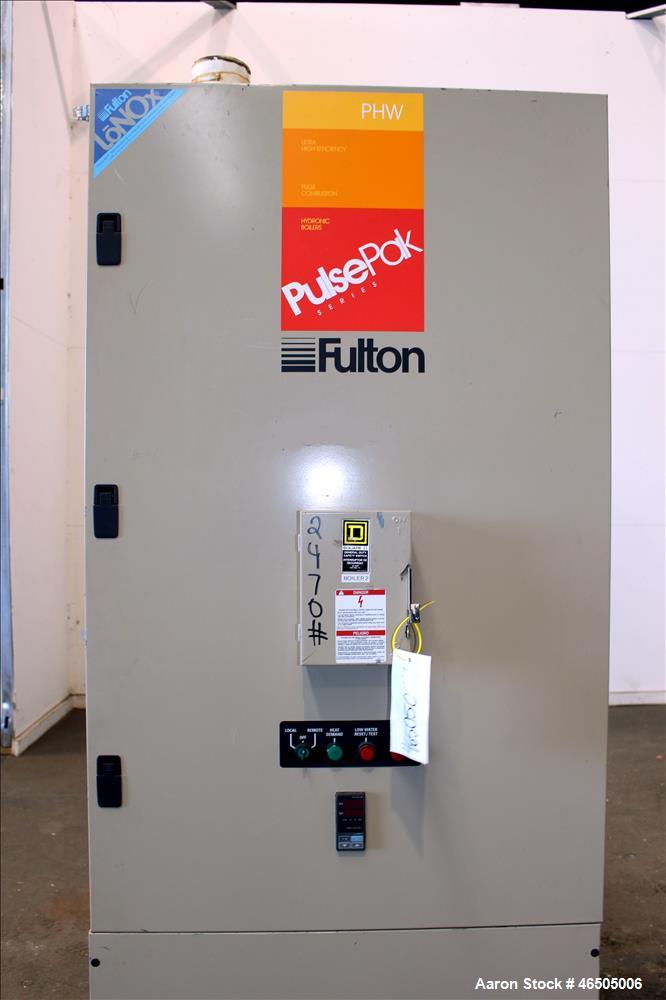 Used Fulton PulsePak Combustion Hydronic Boiler, Model PHW-1400SM. 1,400,000 BTU/HR. Approximate 36 bhp, 160 psi working pressure. Natural Gas. Water content 80 gallons. Includes temperature controll...
