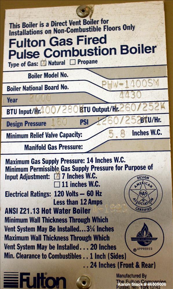 Used Fulton PulsePak Combustion Hydronic Boiler, Model PHW-1400SM. 1,400,000 BTU/HR. Approximate 36 bhp, 160 psi working pressure. Natural Gas. Water content 80 gallons. Includes temperature controll...