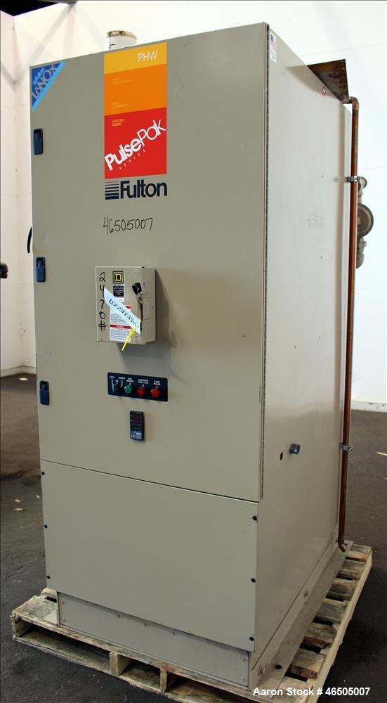 Used Fulton PulsePak Combustion Hydronic Boiler, Model PHW-1400SM. 1,400,000 BTU/HR. Approximate 36 bhp, 160 psi working pressure. Natural Gas. Water content 80 gallons. Includes temperature controll...