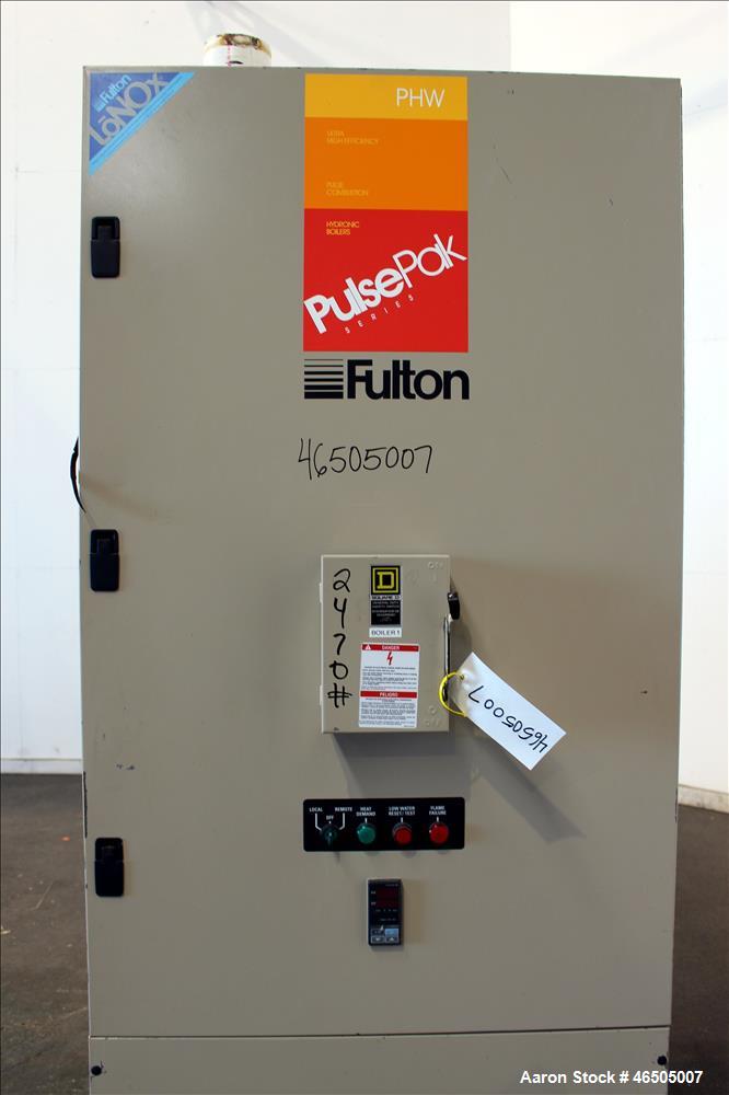 Used Fulton PulsePak Combustion Hydronic Boiler, Model PHW-1400SM. 1,400,000 BTU/HR. Approximate 36 bhp, 160 psi working pressure. Natural Gas. Water content 80 gallons. Includes temperature controll...