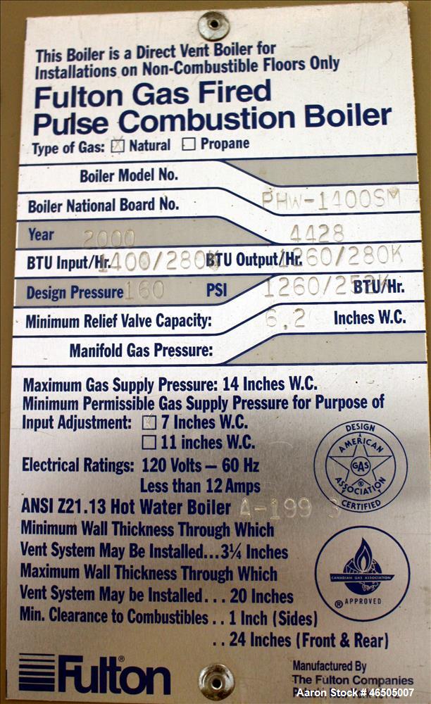 Used Fulton PulsePak Combustion Hydronic Boiler, Model PHW-1400SM. 1,400,000 BTU/HR. Approximate 36 bhp, 160 psi working pressure. Natural Gas. Water content 80 gallons. Includes temperature controll...