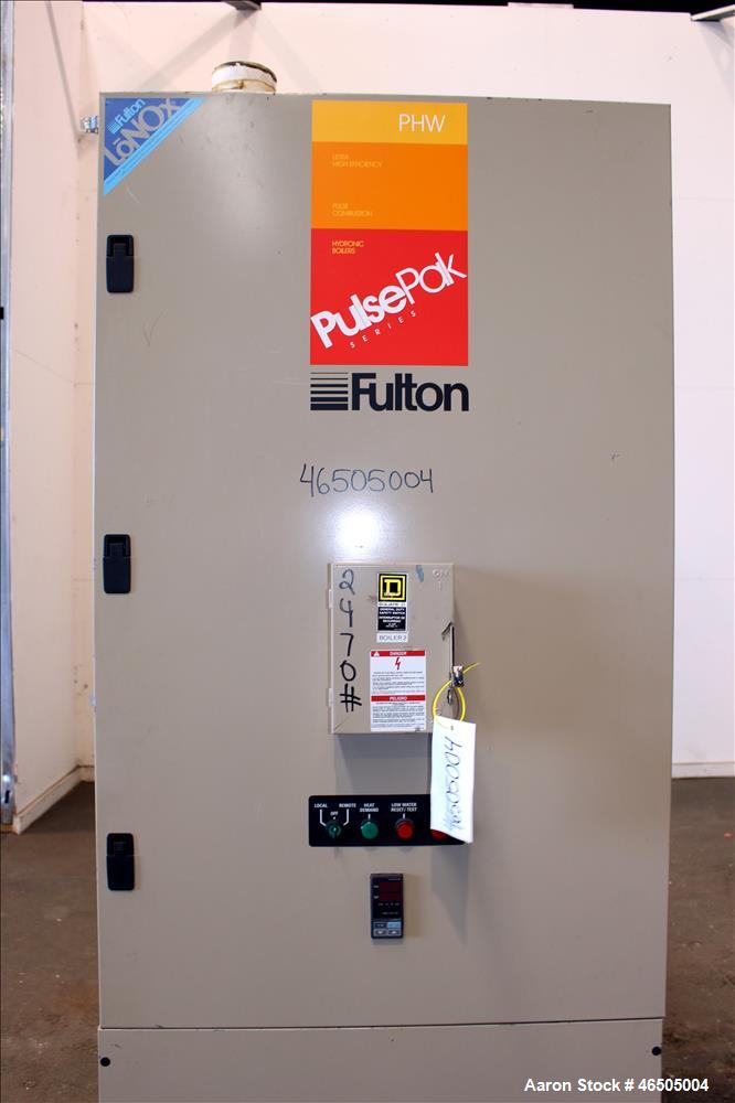 Used Fulton PulsePak Combustion Hydronic Boiler, Model PHW-1400SM. 1,400,000 BTU/HR. Approximate 36 bhp, 160 psi working pressure. Natural Gas. Water content 80 gallons. Includes temperature controll...