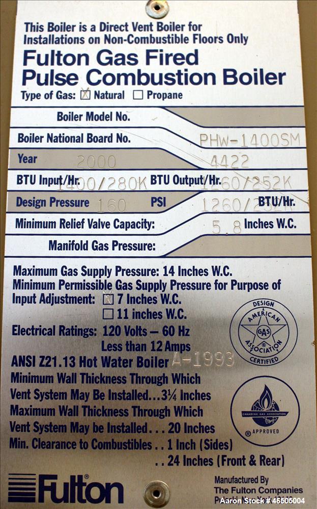 Used Fulton PulsePak Combustion Hydronic Boiler, Model PHW-1400SM. 1,400,000 BTU/HR. Approximate 36 bhp, 160 psi working pressure. Natural Gas. Water content 80 gallons. Includes temperature controll...