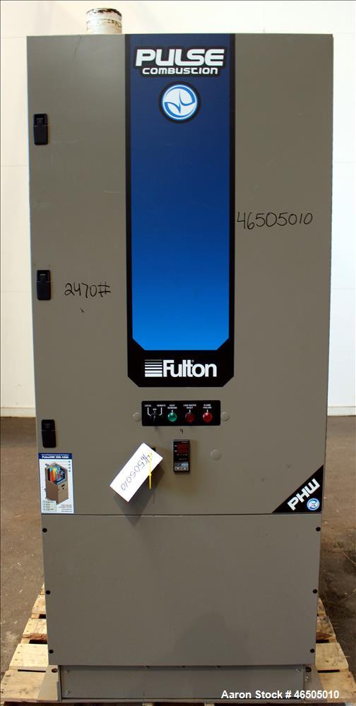 Used Fulton PulsePak Combustion Hydronic Boiler, Model PHW-1400. 1,400,000 BTU/HR. Approximate 36 bhp, 160 psi working pressure. Natural Gas. Water content 80 gallons. Includes temperature controller...