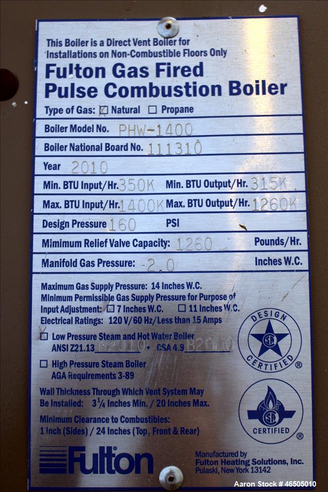 Used Fulton PulsePak Combustion Hydronic Boiler, Model PHW-1400. 1,400,000 BTU/HR. Approximate 36 bhp, 160 psi working pressure. Natural Gas. Water content 80 gallons. Includes temperature controller...