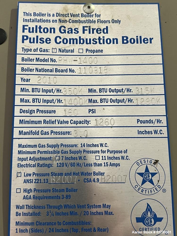 Fulton Gas Fired Pulse Combustion Boiler, Model PHW-1400
