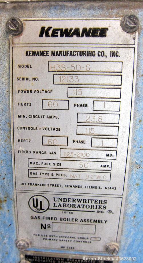 Used Kewanee Packaged Classic III Steam Boiler, Model H3S-50-G. 50 hp, mbh output 1674, 250 Square feet heating surface, 150 psig design pressure. Three pass design. Equipped with a Kewanne Forcedraf...