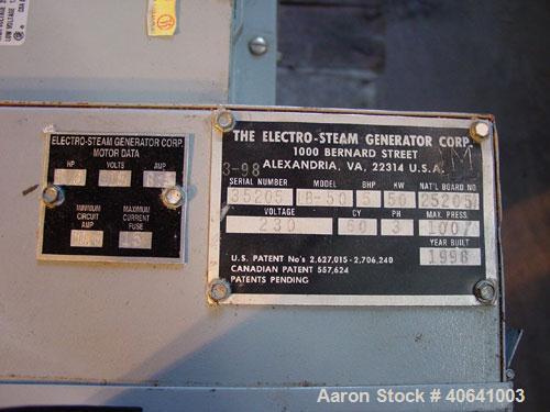 Used Electro Steam model LB50 steam generator, National Board #25205. Electric rating: 50 kW. Developed boiler hp: 5 hp. Steam capacity: 173 lb/hr. Gross btu output: 167500 btu/hr. Steam header: 5 in...