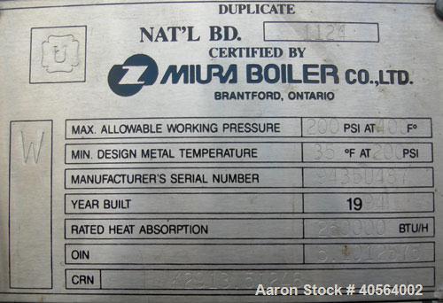 Used Miura High Pressure Steam Boiler, model EX-300