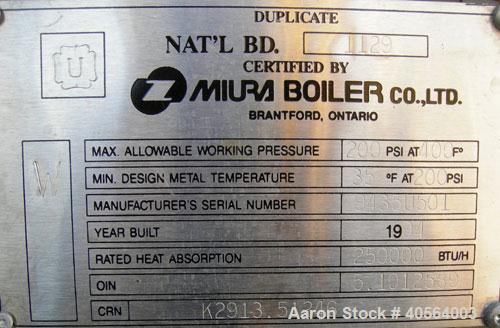 Used Miura High Pressure Steam Boiler, model EX-300