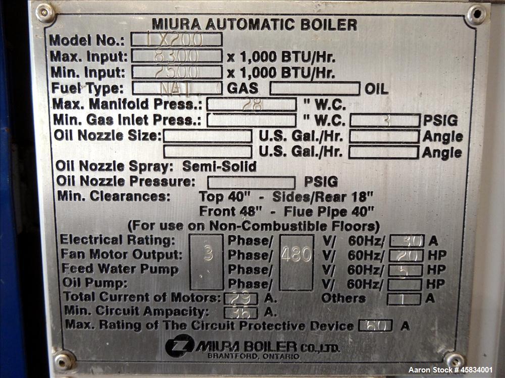 Used Miura Boiler, Model LX-200, 200 HP.