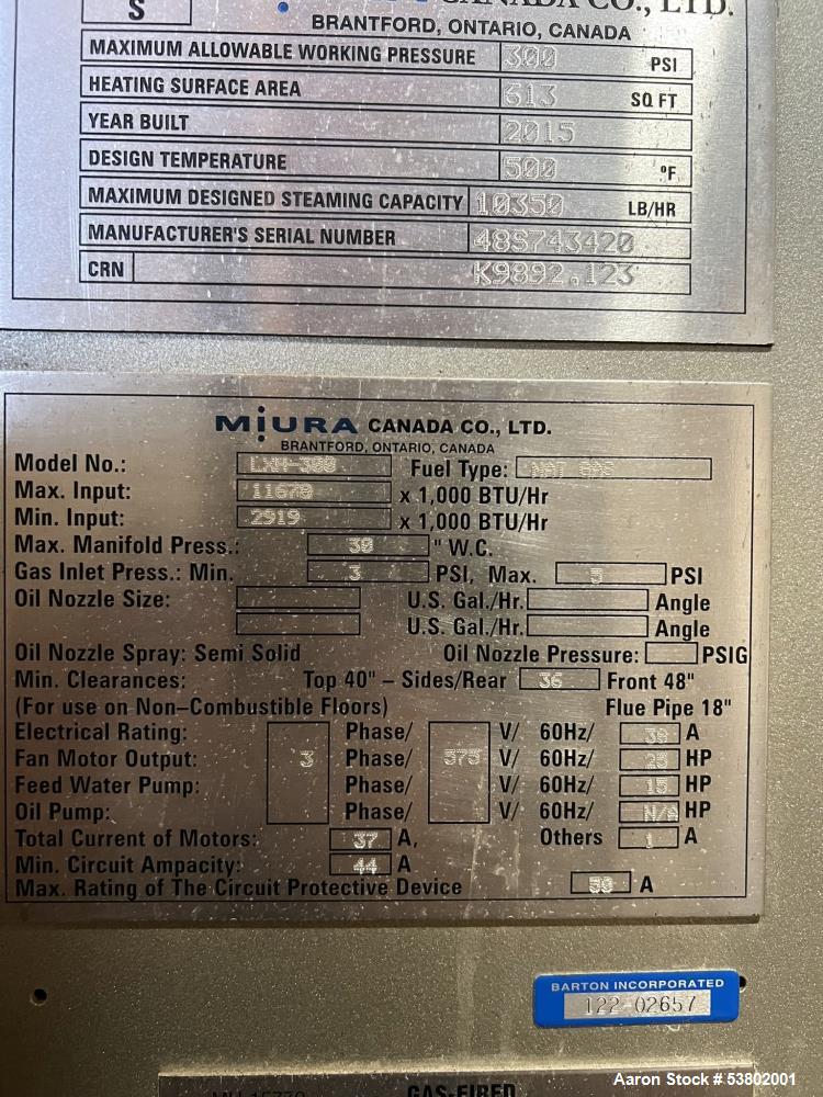 Used Miura LXH-300SG-07 300HP Natural Gas Steam Boiler for Sale