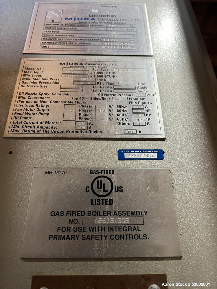 Used Miura LXH-300SG-07 300HP Natural Gas Steam Boiler for Sale