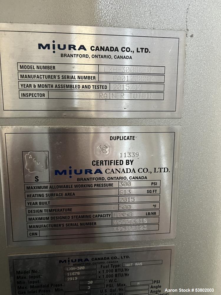 Buy Used 2015 Miura LXH-300SG-07 Steam Boiler – 10,350 LB/HR Capacity