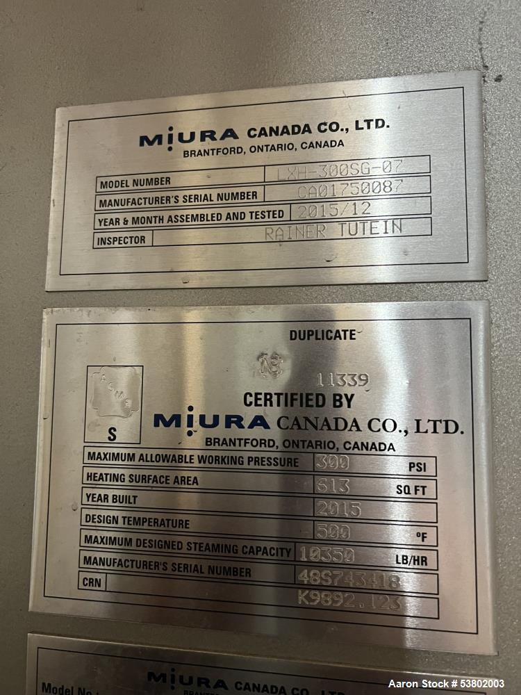 Buy Used 2015 Miura LXH-300SG-07 Steam Boiler – 10,350 LB/HR Capacity