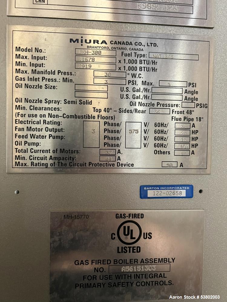 Buy Used 2015 Miura LXH-300SG-07 Steam Boiler – 10,350 LB/HR Capacity