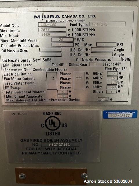 Used Miura LXL-200SG-12 Industrial Steam Boiler | 200 BHP | Gas-Fired | 6900 lb/