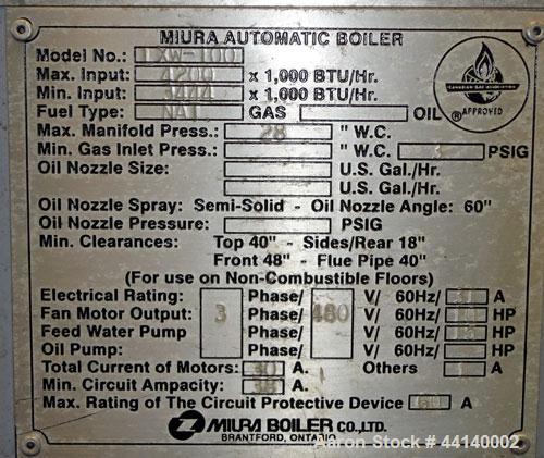 Used Miura LXW Series Natural Gas Fired Hot Water Boiler, Model LXW-100