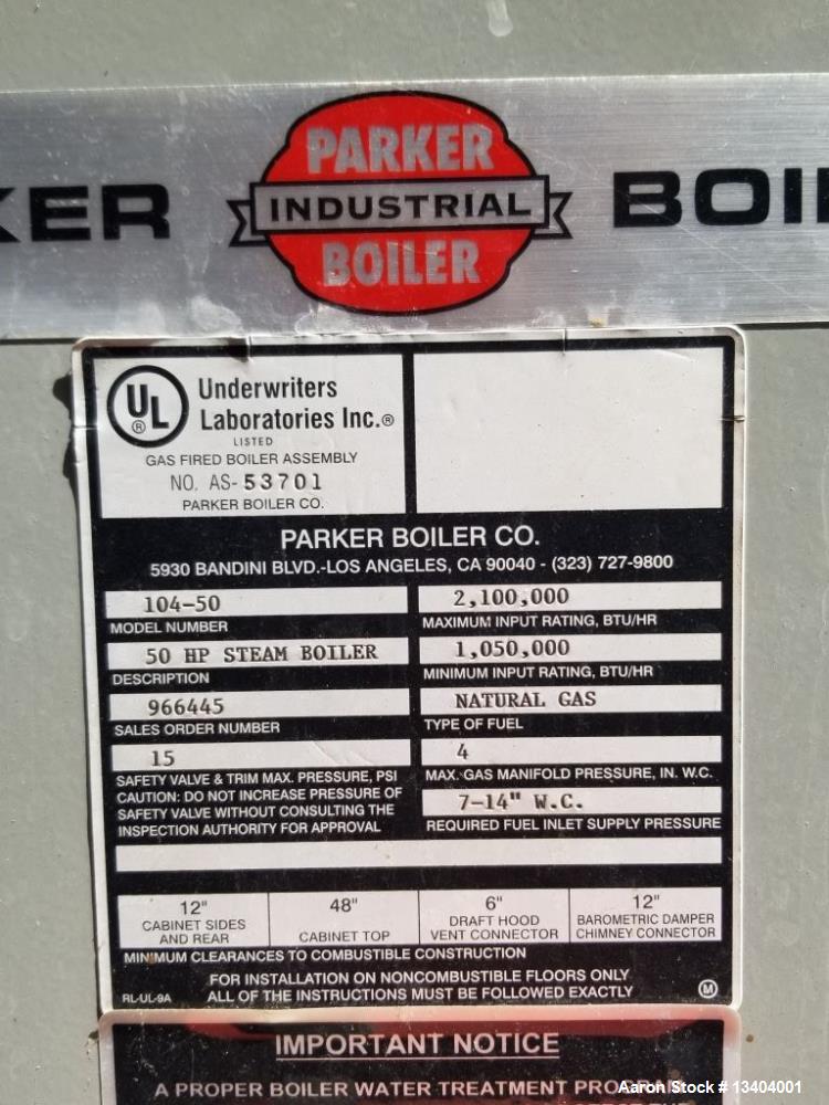 Used- Parker Industrial Boiler, Model 104-50.