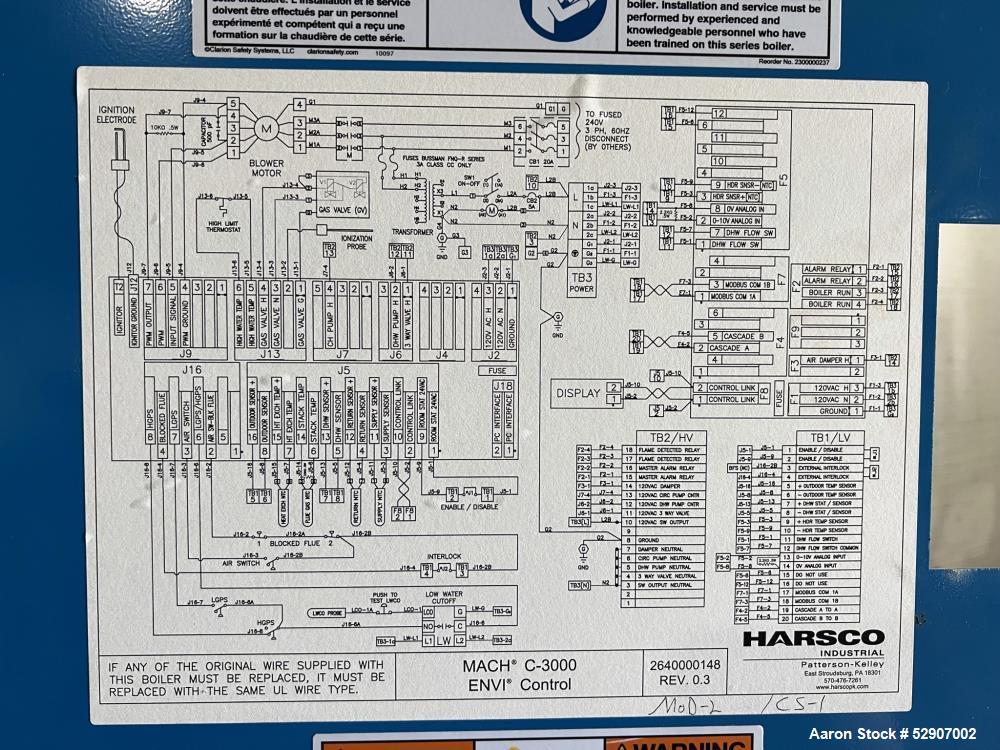 Used Patterson Kelley / Harsco Mach Gas-Fired Heating Boiler, Model C3000. Heating surface 225.4 feet squared. Natural Gas. Input rating Max 3,000,000 BTU/ Hr. Output rating 2,850,000 BTH/hr. Max wor...