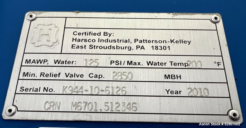 Used Patterson Kelley / Harsco Mach Gas-Fired Heating Boiler, Model C3000. Heating surface 225.4 feet squared. Natural Gas. Input rating Max 3,000,000 BTU/ Hr. Output rating 2,850,000 BTH/hr. Max wor...
