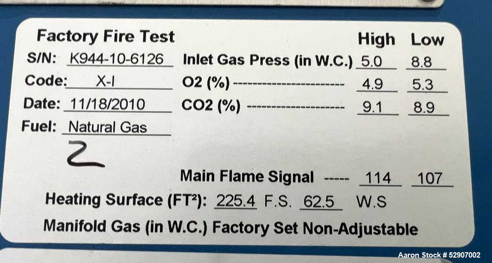 Used Patterson Kelley / Harsco Mach Gas-Fired Heating Boiler, Model C3000. Heating surface 225.4 feet squared. Natural Gas. Input rating Max 3,000,000 BTU/ Hr. Output rating 2,850,000 BTH/hr. Max wor...