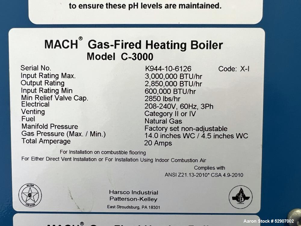 Used Patterson Kelley / Harsco Mach Gas-Fired Heating Boiler, Model C3000. Heating surface 225.4 feet squared. Natural Gas. Input rating Max 3,000,000 BTU/ Hr. Output rating 2,850,000 BTH/hr. Max wor...
