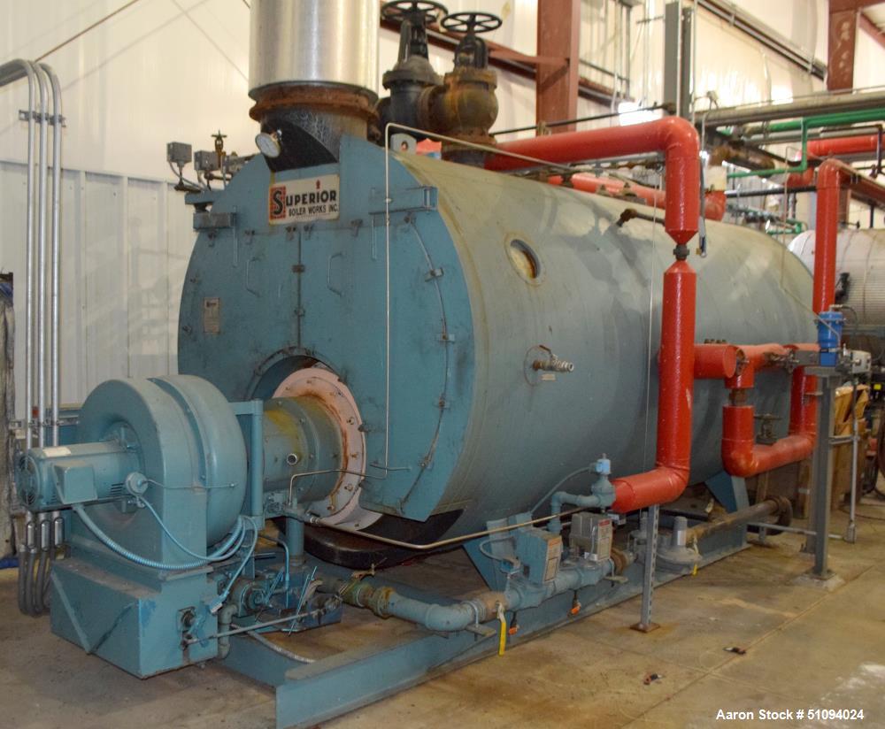 Used Superior Boiler Works Boiler, Model 8-X-1500. Steam capacity 10350 pounds an hour, heating surface 1507 square feet, 150 psi design pressure, approximate 300 HP. Includes an Industrial Combustio...