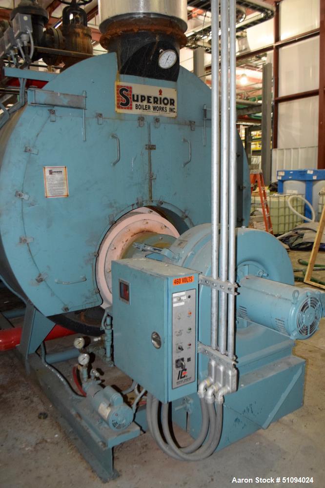 Used Superior Boiler Works Boiler, Model 8-X-1500. Steam capacity 10350 pounds an hour, heating surface 1507 square feet, 150 psi design pressure, approximate 300 HP. Includes an Industrial Combustio...