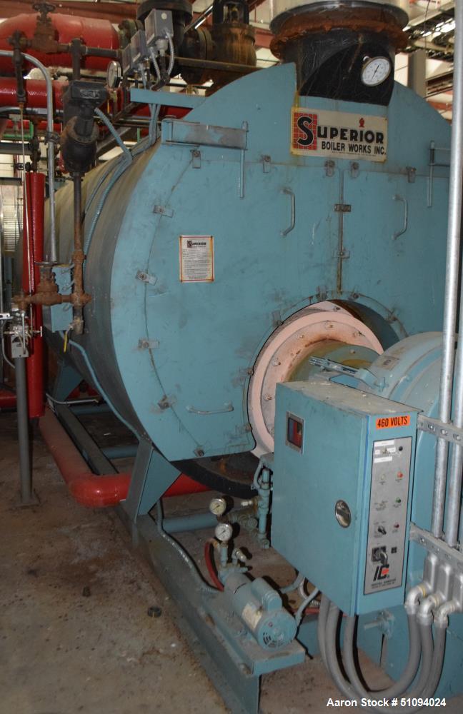 Used Superior Boiler Works Boiler, Model 8-X-1500. Steam capacity 10350 pounds an hour, heating surface 1507 square feet, 150 psi design pressure, approximate 300 HP. Includes an Industrial Combustio...