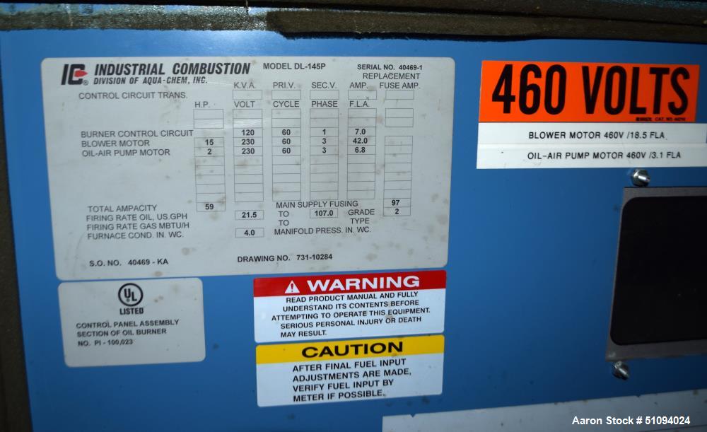 Used Superior Boiler Works Boiler, Model 8-X-1500. Steam capacity 10350 pounds an hour, heating surface 1507 square feet, 150 psi design pressure, approximate 300 HP. Includes an Industrial Combustio...