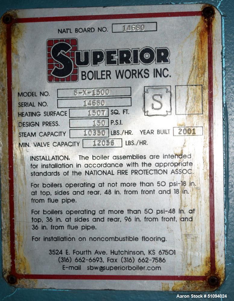 Used Superior Boiler Works Boiler, Model 8-X-1500. Steam capacity 10350 pounds an hour, heating surface 1507 square feet, 150 psi design pressure, approximate 300 HP. Includes an Industrial Combustio...